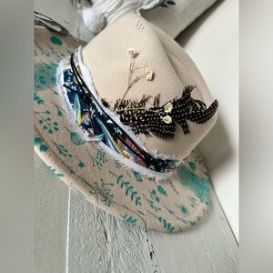 Floral Beige Western Cowboy hat with Teal Accents Feather NWT